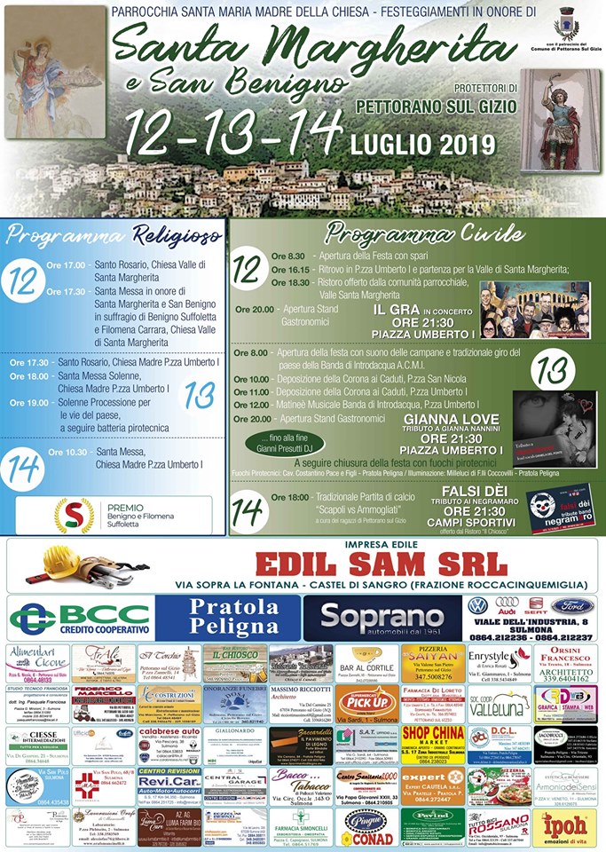 Festa di Santa Margherita patrona di Pettorano sul Gizio (AQ) - Programma 2019